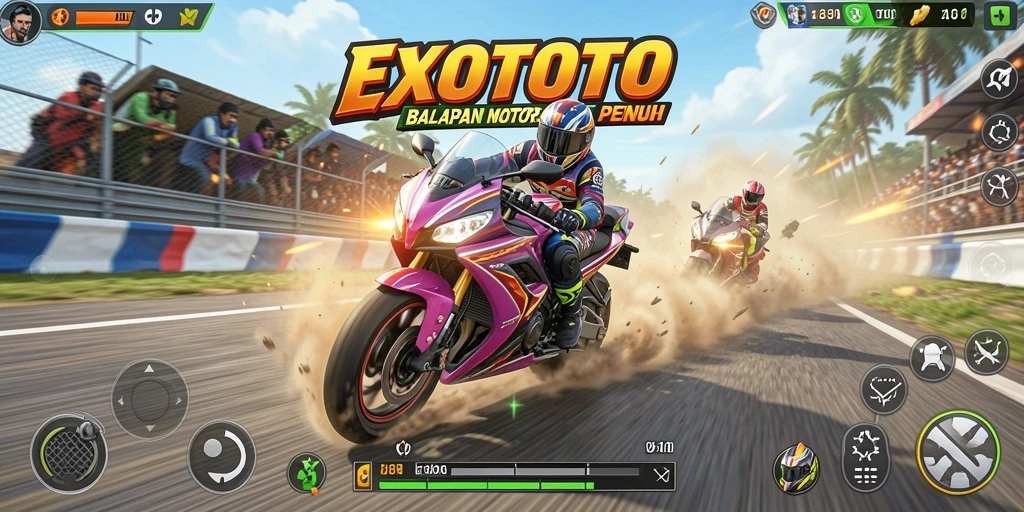 Tampilan gameplay seru di EXOTOTO dengan balapan motor yang intens.