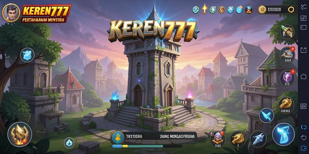 Tampilan gameplay KEREN777 dengan pertahanan menara yang strategis.