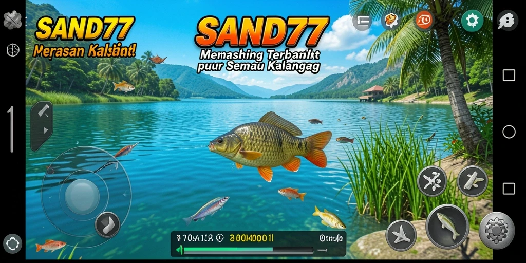 Tampilan gameplay SAND77 yang menarik saat memancing di danau.