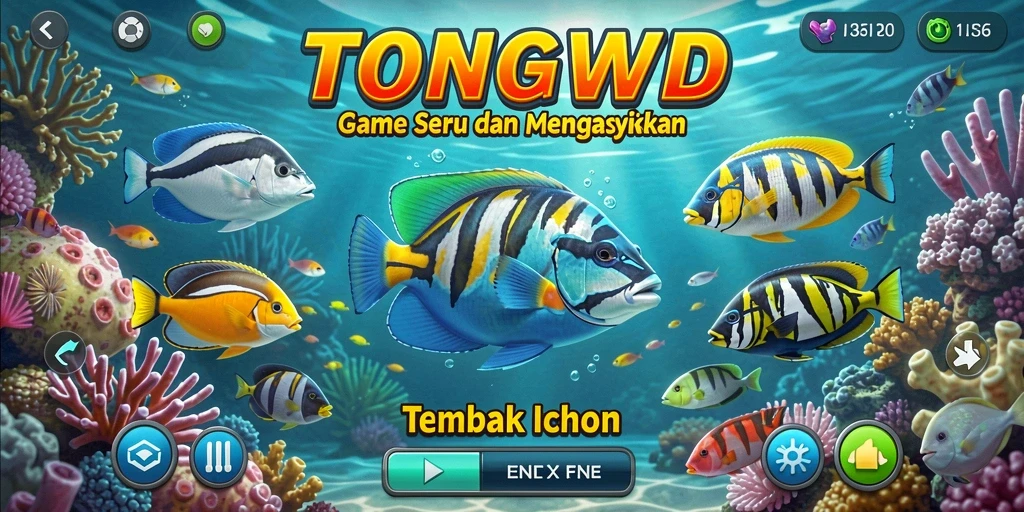 Tampilan gameplay TONGWD dengan aksi tembak ikan yang seru.