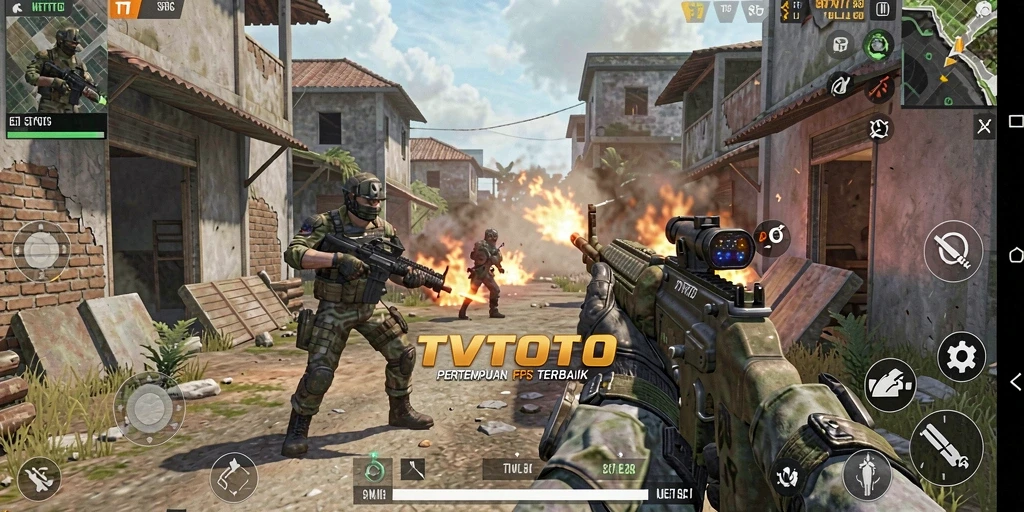 Tampilan gameplay utama TVTOTO dalam pertempuran FPS yang mendebarkan.