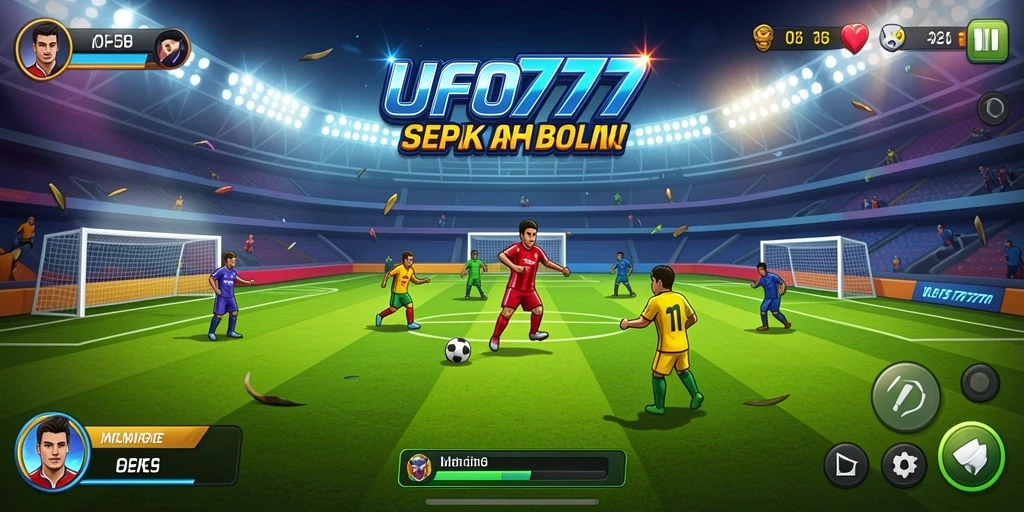 Tampilan gameplay <strong>UFO777</strong> menampilkan aksi seru di lapangan sepak bola.